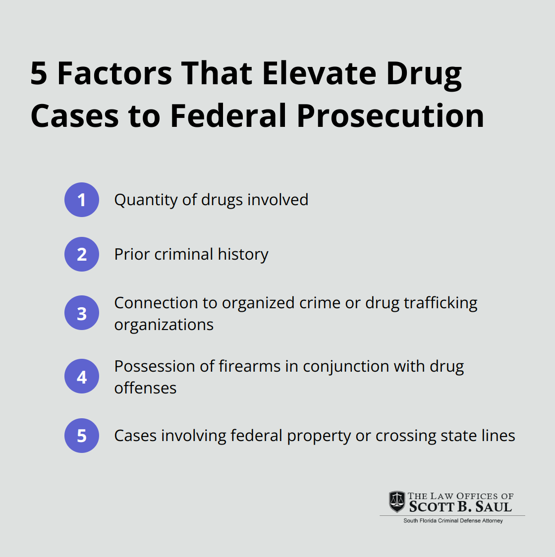 An ordered list chart showing five factors that can elevate a drug possession case from state to federal court: quantity of drugs, prior criminal history, connection to organized crime, possession of firearms, and cases involving federal property or crossing state lines. - jail time drug possession