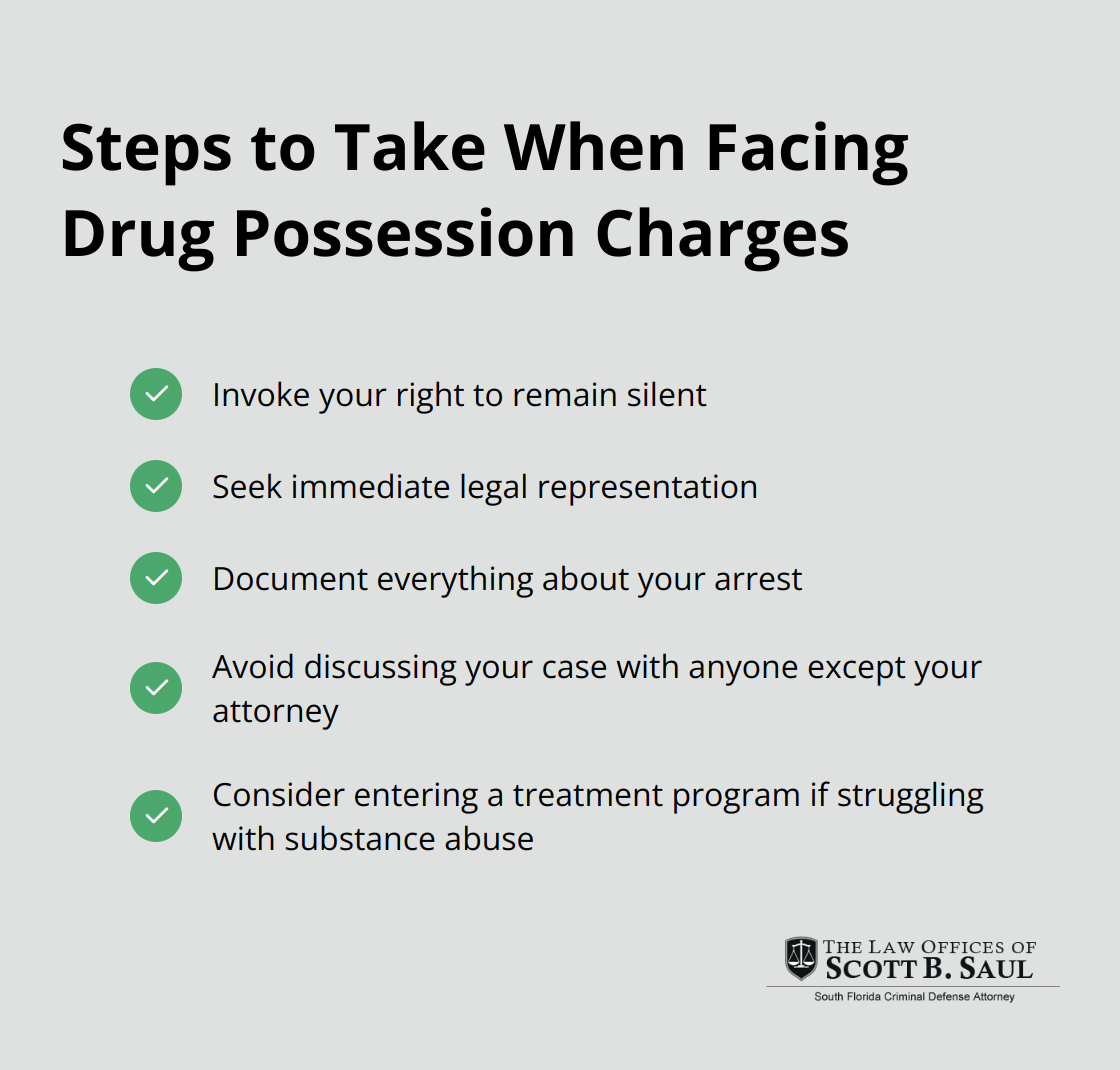 Checkmark list chart outlining five important steps to take when facing drug possession charges in Florida