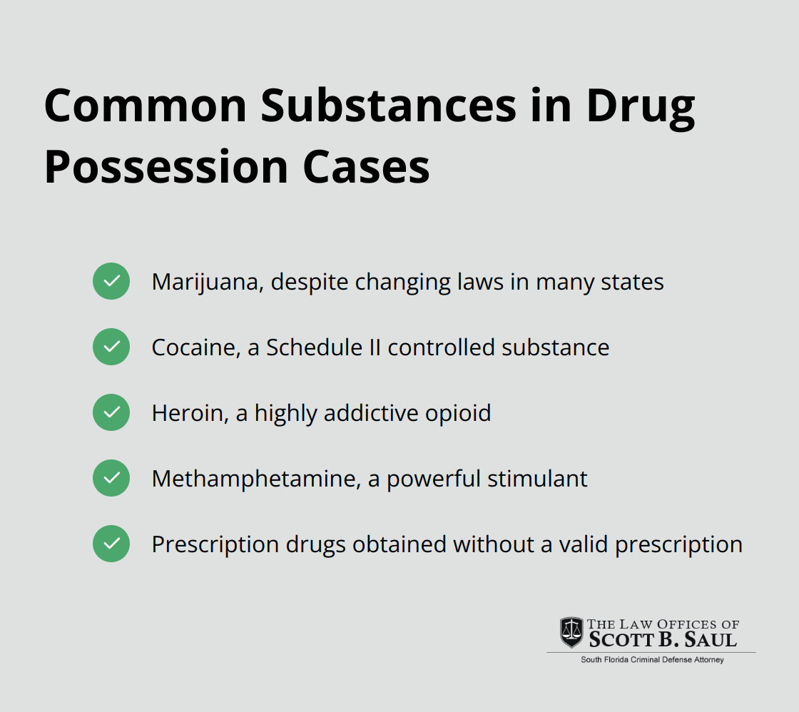 Checklist of common substances involved in drug possession cases, including marijuana, cocaine, heroin, methamphetamine, and prescription drugs obtained without a valid prescription.