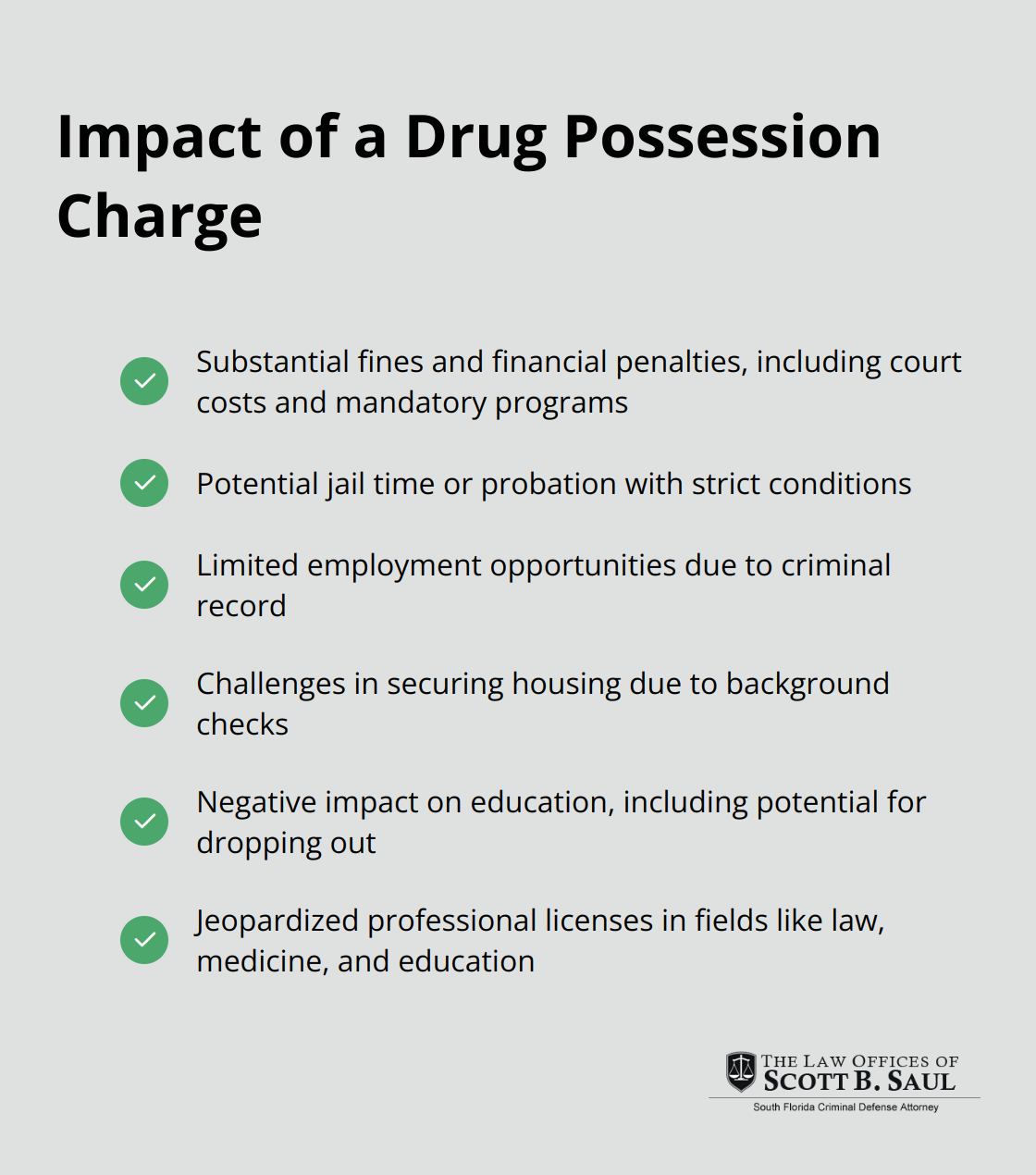 Checkmark list showing various areas of life impacted by a drug possession charge - drug possession first offense