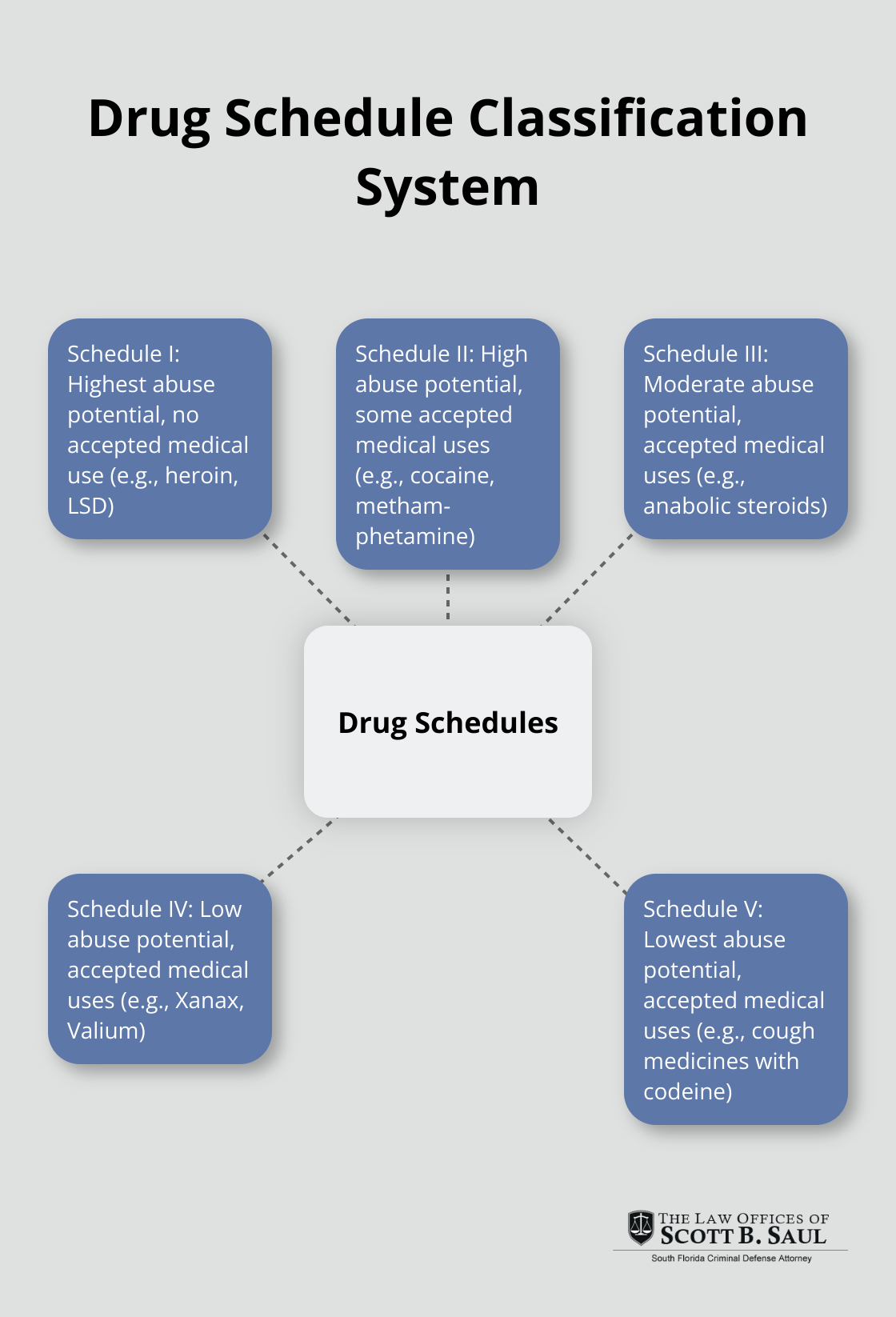 A hub and spoke chart showing the five drug schedules and their key characteristics