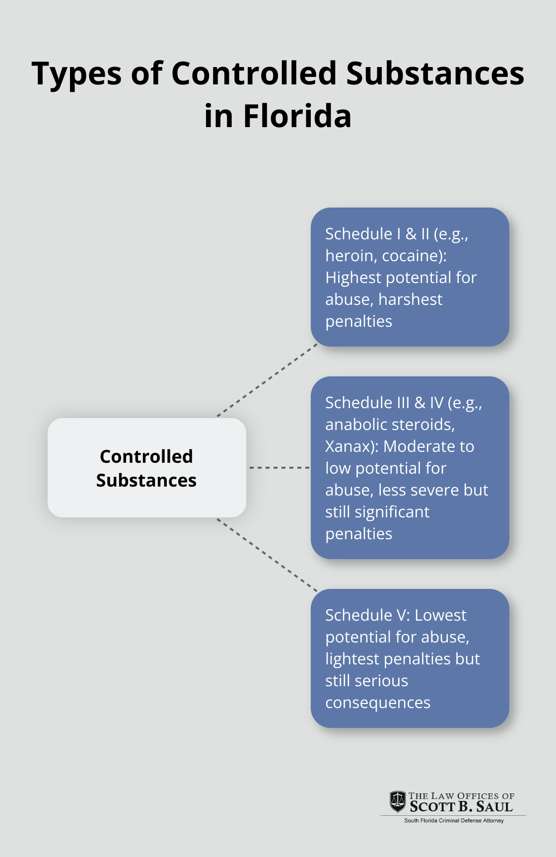 Hub and spoke chart showing different schedules of controlled substances in Florida and their characteristics - minimum sentence for drug possession