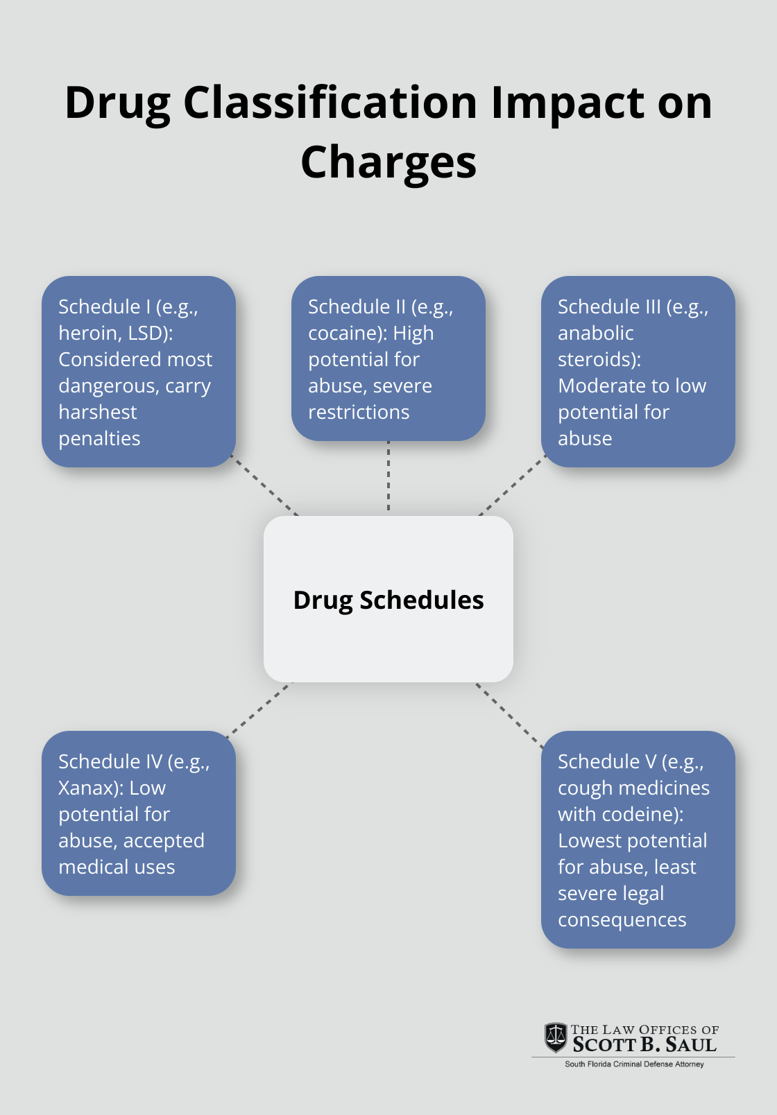A hub and spoke chart showing how drug schedules affect charges, with Schedule I at the center and five spokes detailing impacts of different schedules.