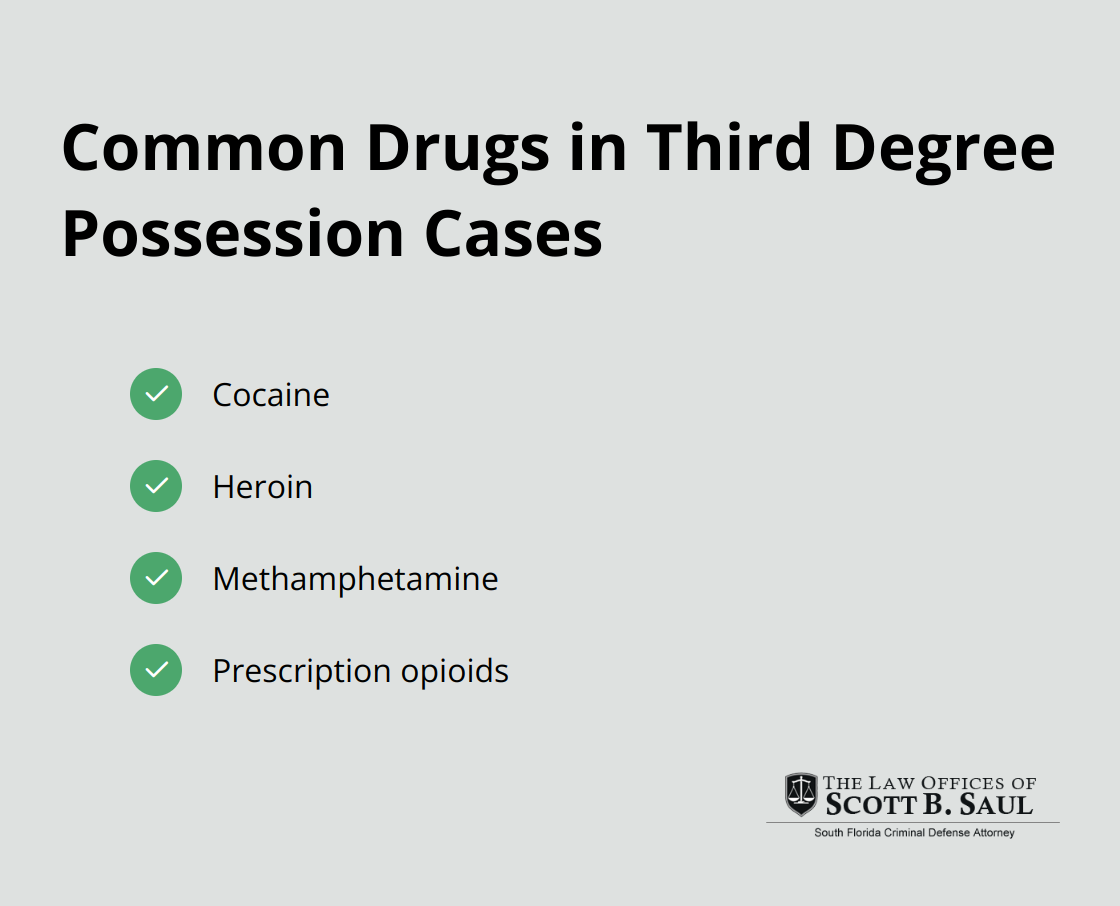 Checklist of common drugs associated with third degree drug possession charges: cocaine, heroin, methamphetamine, and prescription opioids. - what is 3rd degree drug possession
