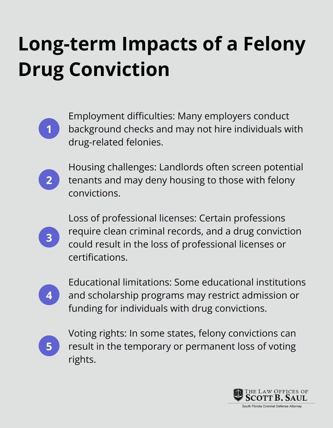Ordered list of five long-term impacts of a felony drug conviction: employment difficulties, housing challenges, loss of professional licenses, educational limitations, and loss of voting rights.