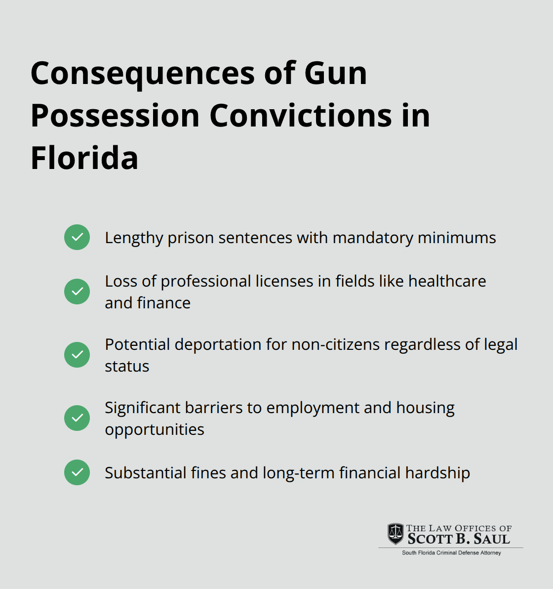 A checklist chart showing the severe consequences of gun possession convictions in Florida, including prison time, professional license loss, immigration issues, employment barriers, and financial devastation. - gun possession charges in florida