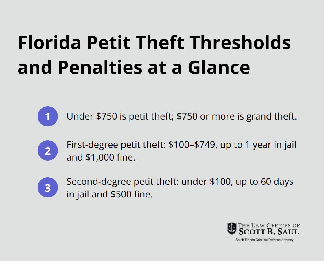 Summary of Florida petit theft value thresholds and misdemeanor penalty ranges. - petit theft florida