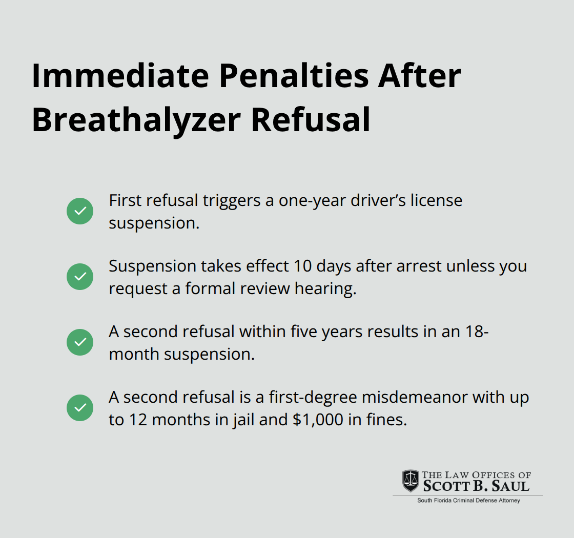 Key immediate administrative and criminal consequences for refusing a breathalyzer test in Florida. - refusing breathalyzer florida