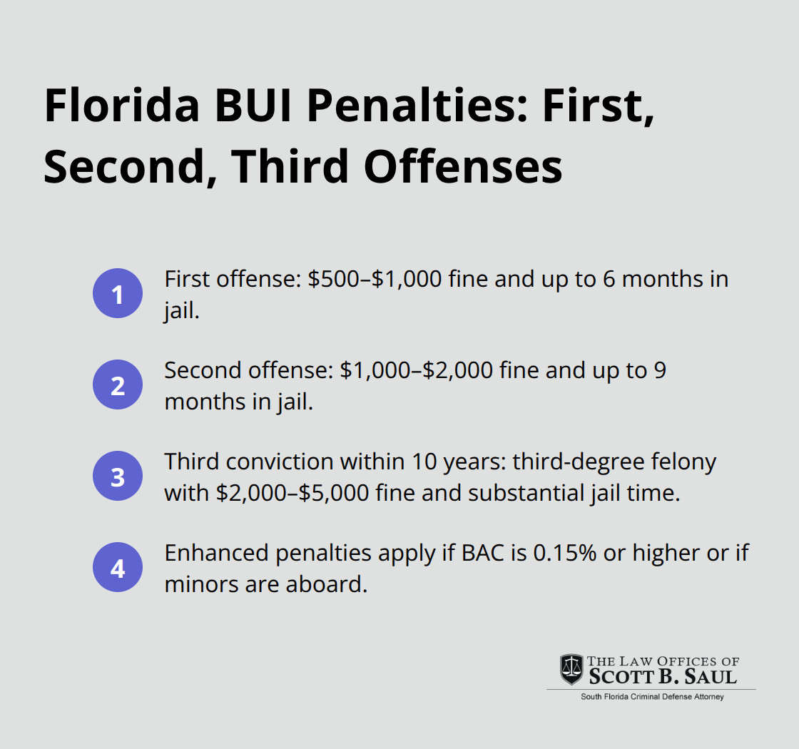 Compact summary of Florida BUI penalty escalation across first, second, and third offenses - florida boating under the influence