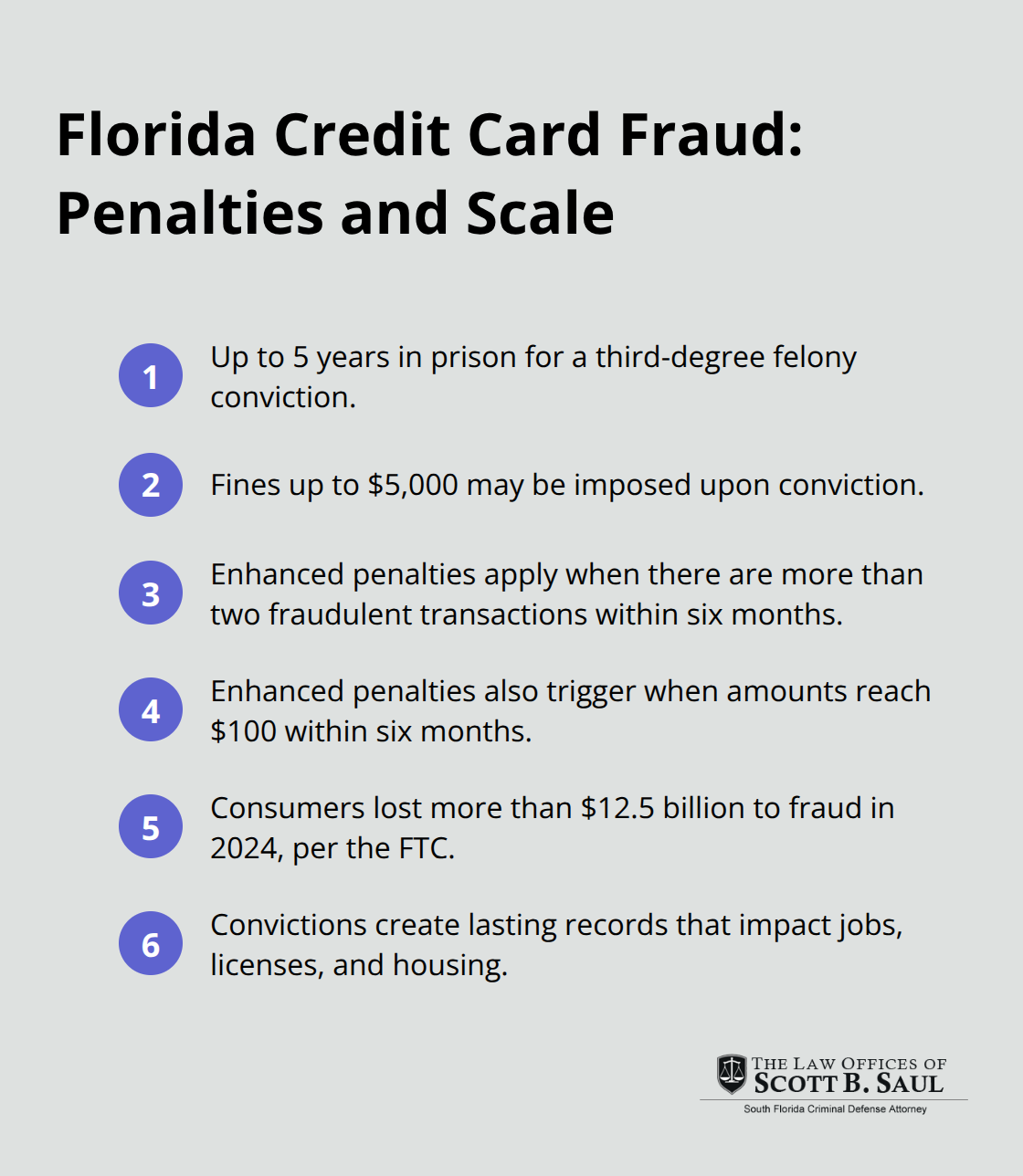Key penalties and scope of Florida credit card fraud cases including prison, fines, thresholds, and FTC loss figure.