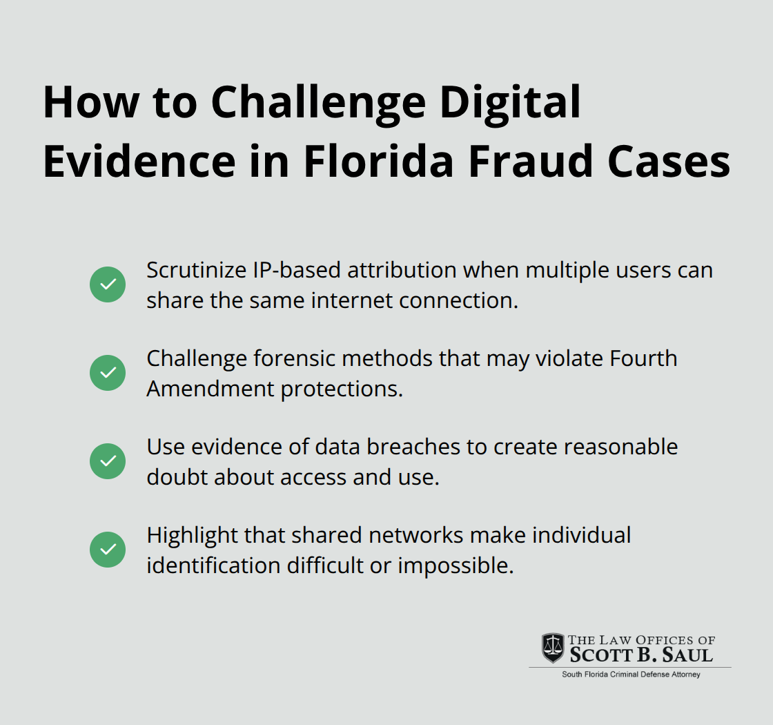 Checklist of strategies to attack digital evidence, including chain of custody, shared IPs, questionable methods, and data breaches.