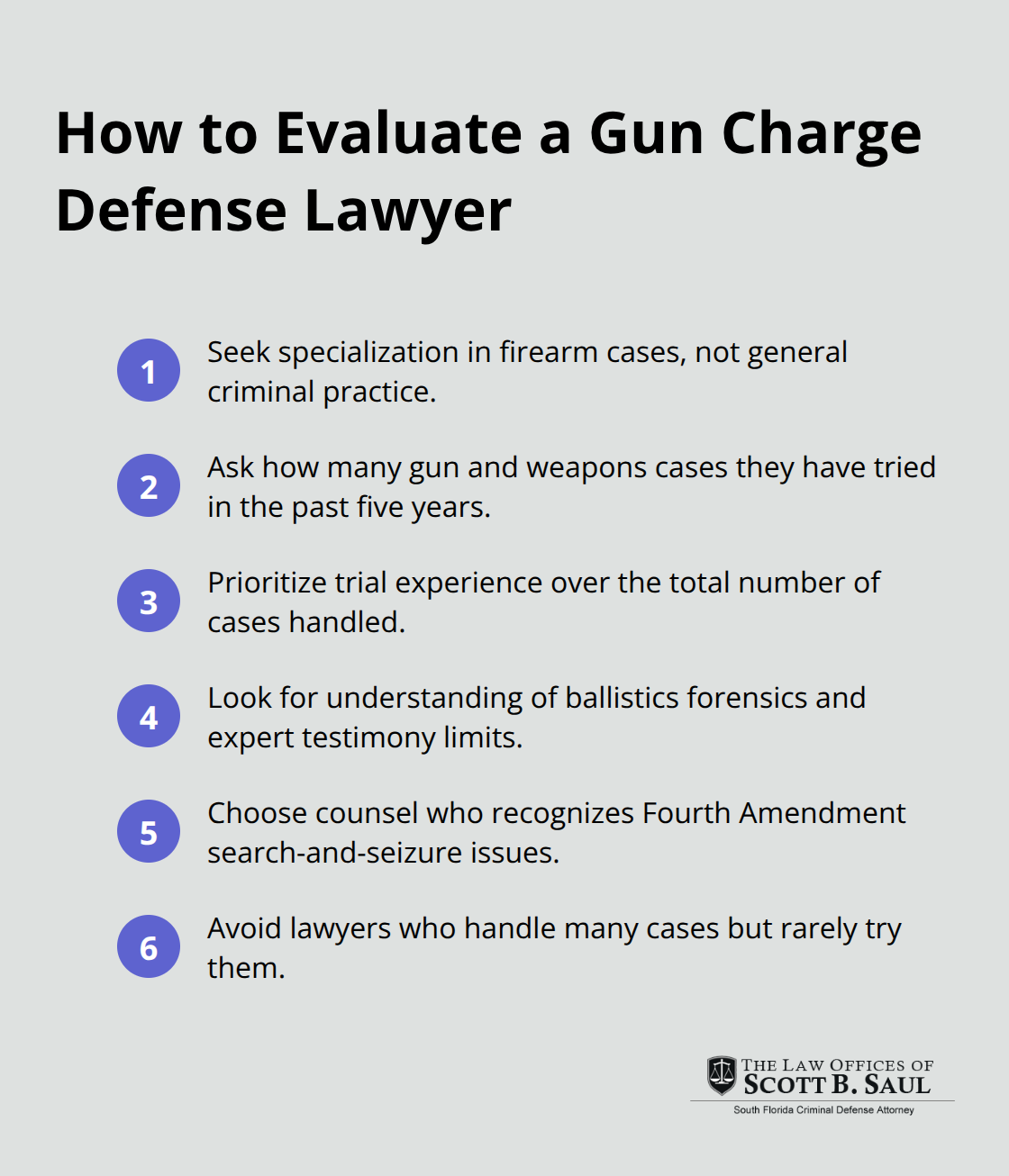Compact list of key criteria to evaluate a gun charge defense lawyer in Florida.