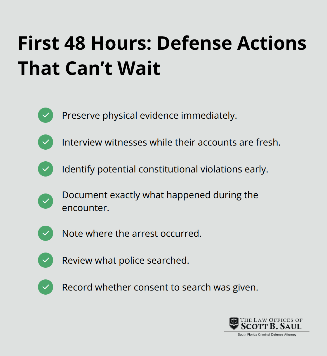 Checklist of immediate defense actions to preserve evidence and identify constitutional issues within the first 48 hours.