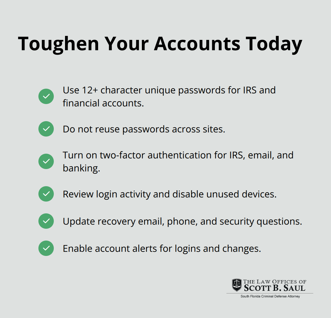 Checklist of actions to harden IRS and financial accounts