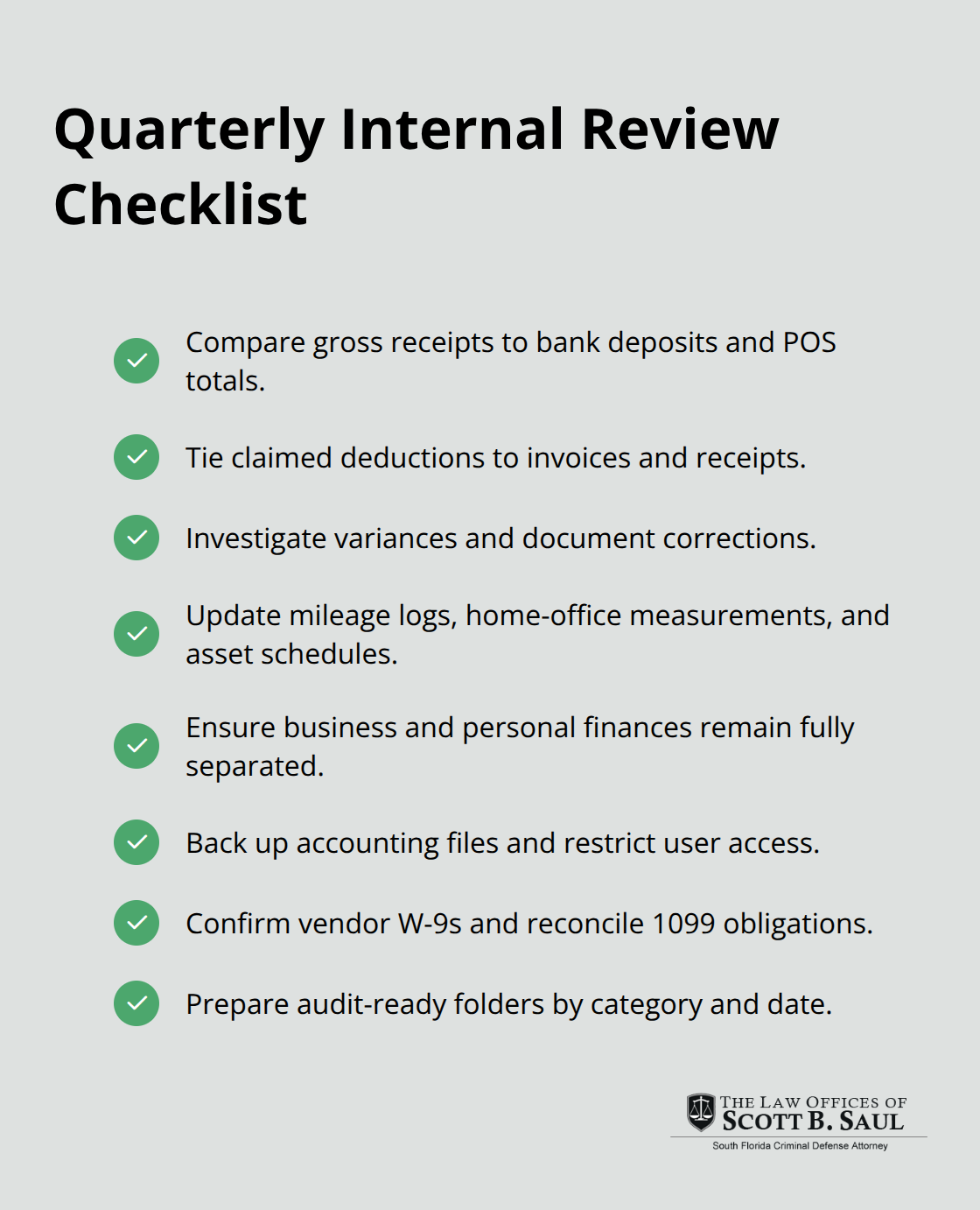 Checkmark list of quarterly self-audit steps to keep tax records audit-ready.